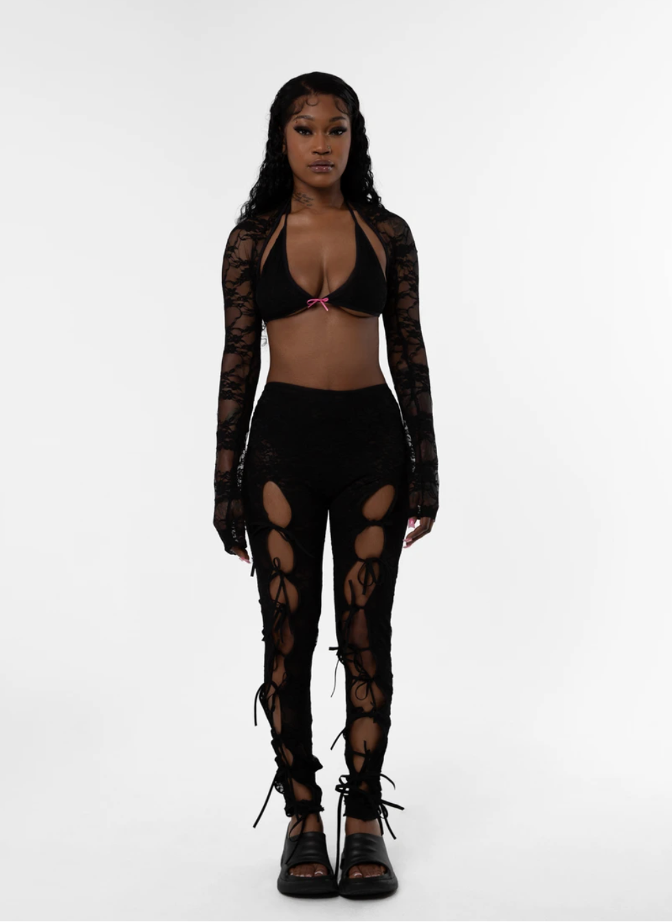 【BAON】Ushini Lace Two-Way Skirt Pants Skorpios Lace Tie-Up Pants (Black) – 2x Studios